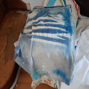 Blue and White Spray Paint Denim Shorts
